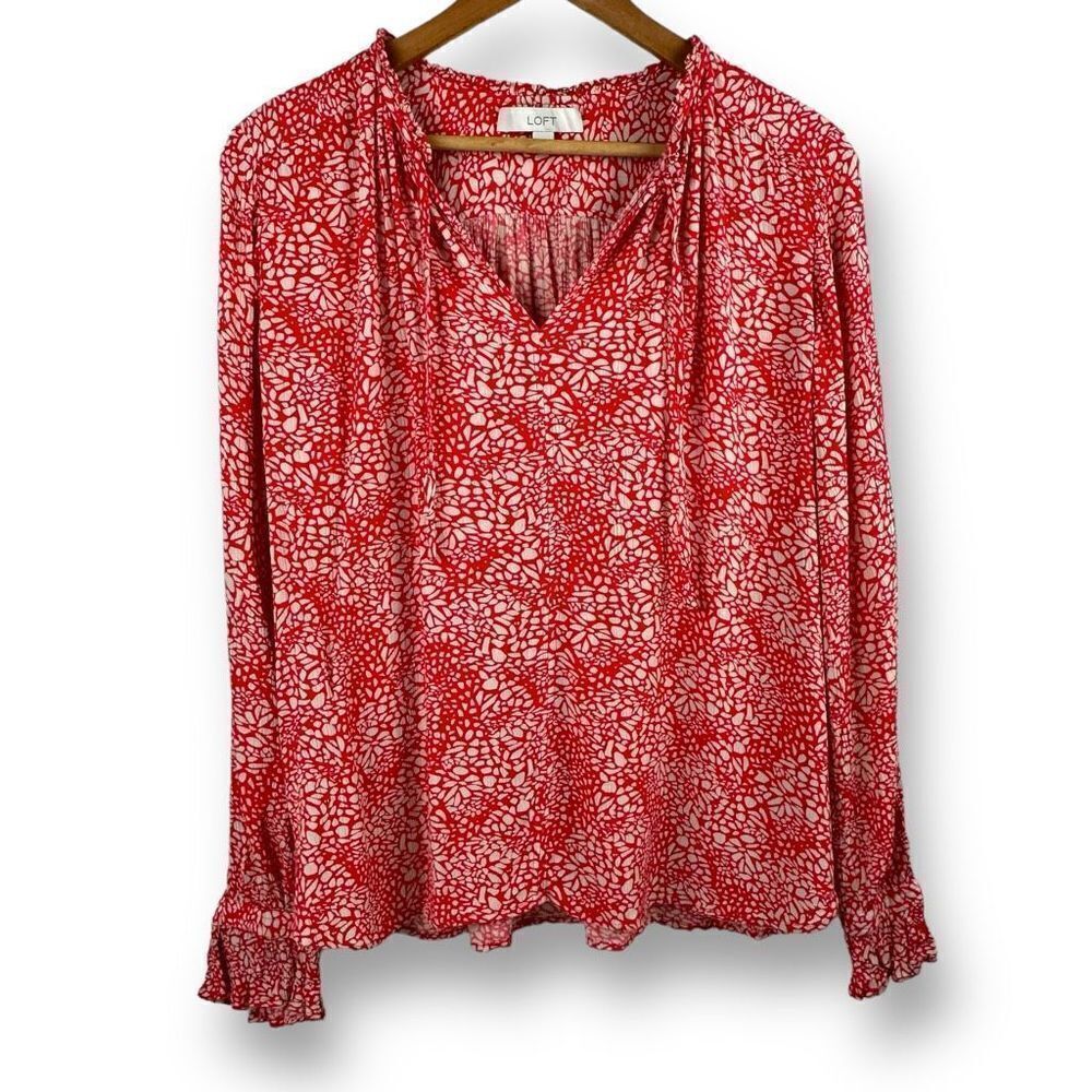 Loft Women's Size M Long Sleeve Tie Neck Peasant‎ Blouse Red Flower Burst Print